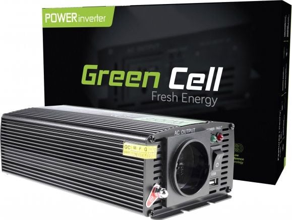 Menič Green Cell 12V/230V 500W/1000W – invertor do auta, USB, 230V zásuvka, CE, modifikovaná sínusová vlna